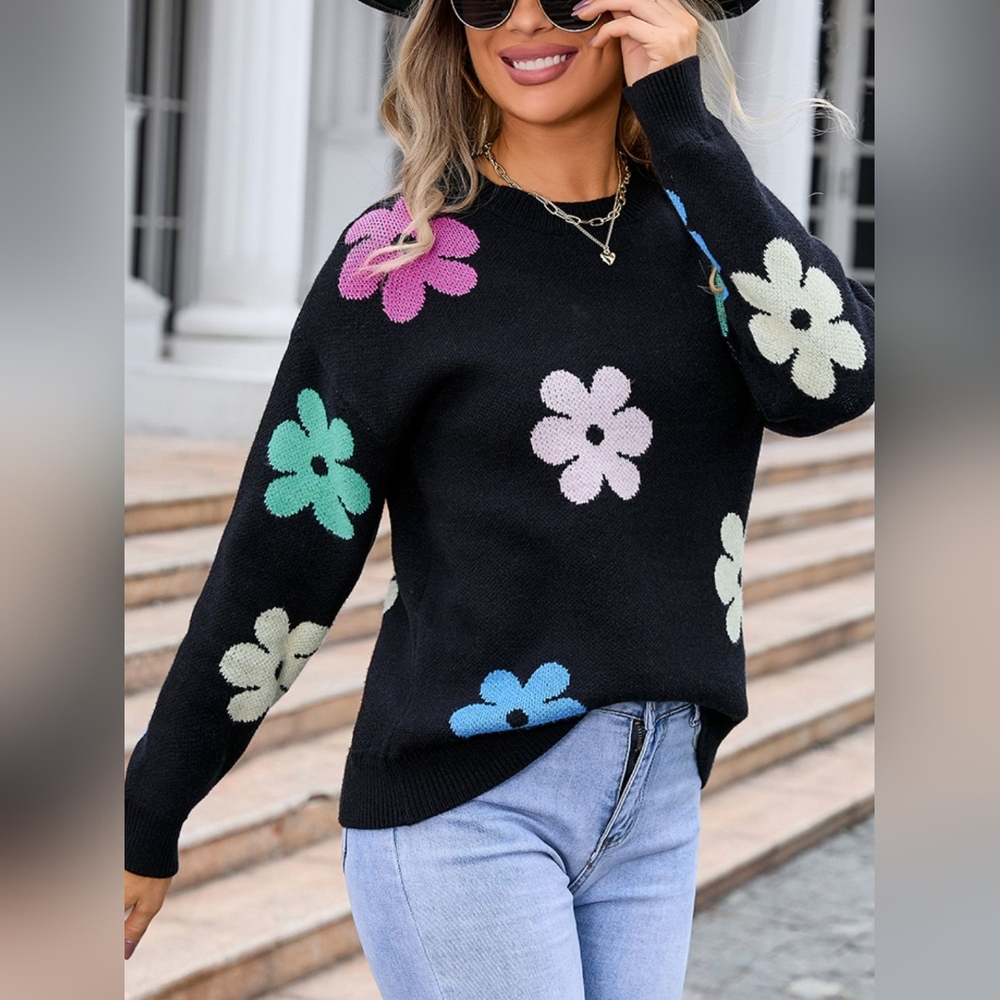 Angel Wings Flower Round Neck Long Sleeve Sweater